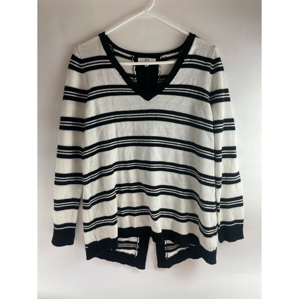 JACK Sweater Women's Size M Black & White Striped Slit Back V-neck Long Sleeve